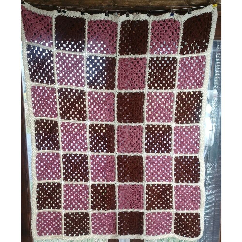Handmade Crocheted Blocks Squares Throw Blanket Unique Beautiful 43 × 48